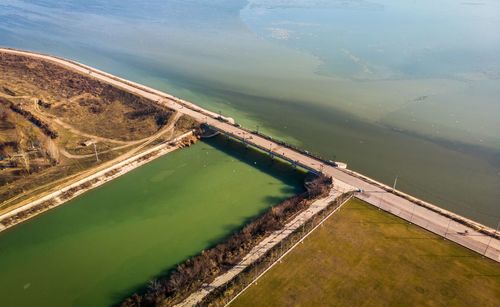 High angle view of dam on lake