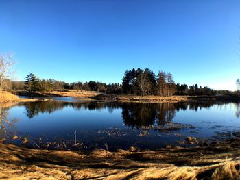 Scenic view of lake against blue sky