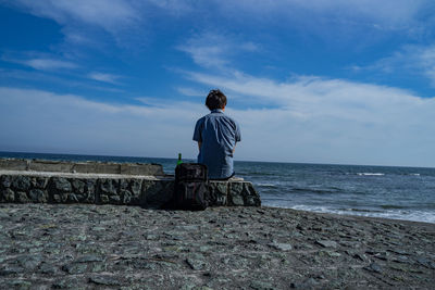 Rear view of man on beach against sky