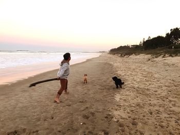 Rear view of man with dog walking on beach