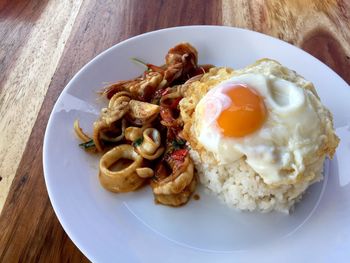 High angle view of breakfast served on table