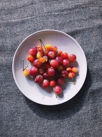 High angle view of strawberries in plate on table