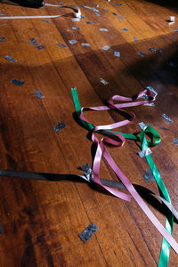 High angle view of empty chairs on table