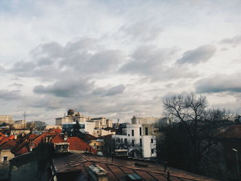 High angle view of buildings against sky