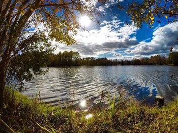 Scenic view of lake against sky at sunset