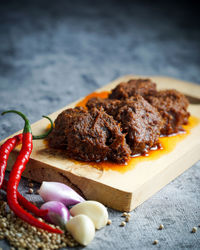 High angle view of food on cutting board