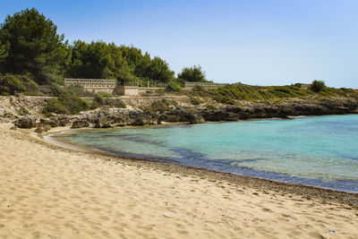 Scenic view of sea against clear blue sky