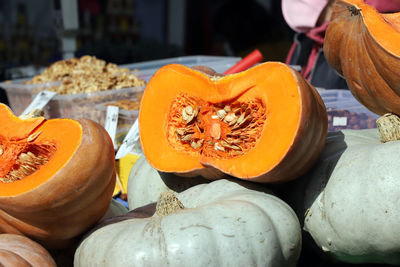 Close-up of pumpkins for sale at market