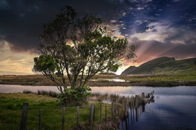 Scenic view of lake against sky during sunset