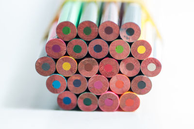 High angle view of multi colored pencils on table