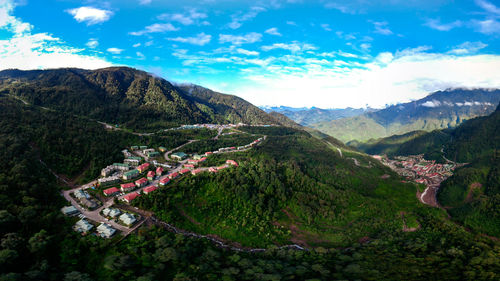 High angle view of mountains against sky