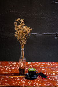 High angle view of wine in glass on table