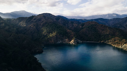 Scenic view of lake and mountains against sky