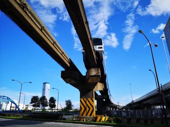 Low angle view of bridge against cloudy sky