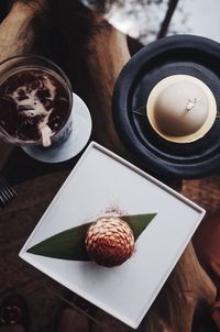 High angle view of breakfast served on table