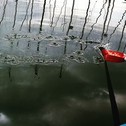 Close-up of reflection in lake against sky