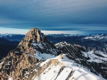 Aerial view of snowcapped mountain against cloudy sky