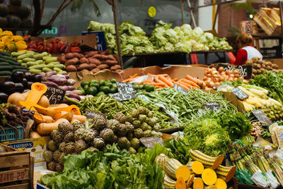 Close-up of fruits and vegetables for sale at market stall