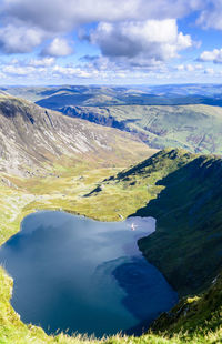 Aerial view of lake against cloudy sky