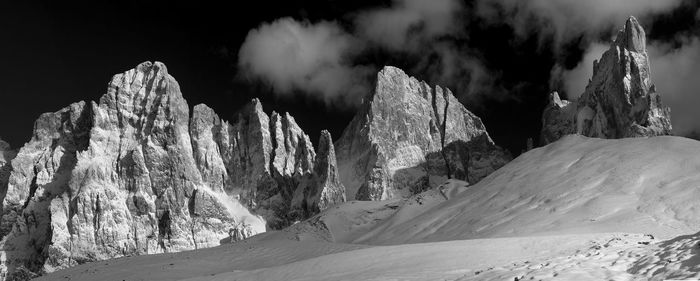 Panoramic view of snowcapped mountains against sky during winter