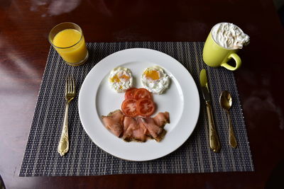 High angle view of breakfast served on table