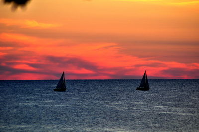 Sailboat sailing in sea against sky during sunset