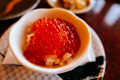 Close-up of strawberry cake in bowl