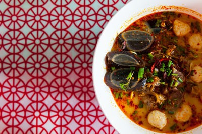 High angle view of soup in bowl on table