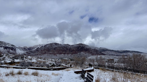 Scenic view of snowcapped mountains against sky