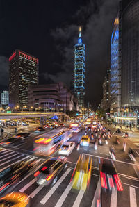 High angle view of traffic on road at night