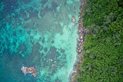 Rone field of view of rocky coastline with cliffs meeting sea of turquoise blue praslin seychelles.