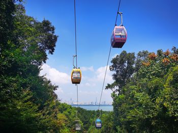 Low angle view of overhead cable car against sky