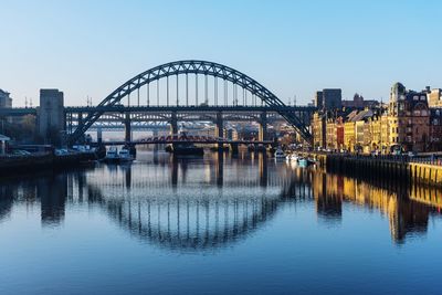 Bridge over river in city against clear sky