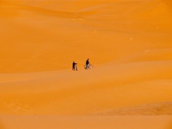 People on orange land against sky during sunset