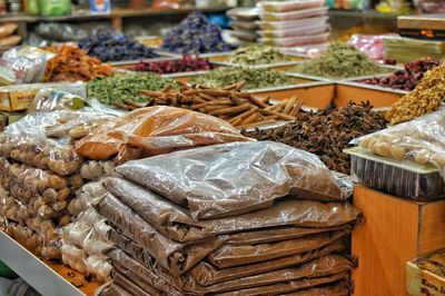 High angle view of food for sale at market stall