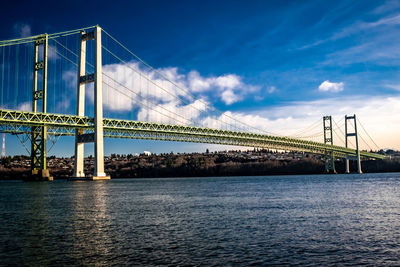 Suspension bridge over river against cloudy sky