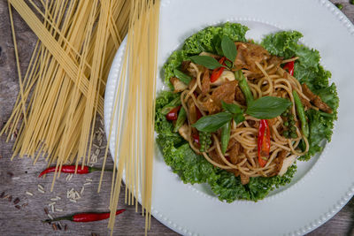 High angle view of food in plate on table