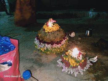 High angle view of various flowers on table