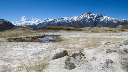 Scenic view of snowcapped mountains against clear sky