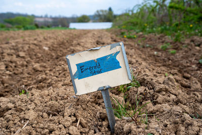 Vegetable garden broccoli metal row sign in freshly tilled soil