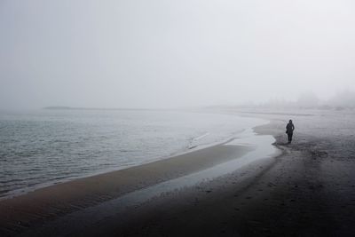 Man walking on beach against sky