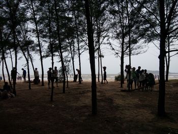 People standing on field by trees