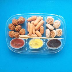 High angle view of food in blue container