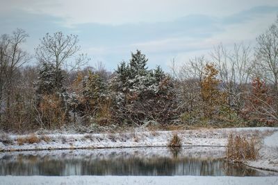 Scenic view of lake against sky during winter