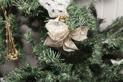 Golden and white bow next to a gold ornament and a clear star on an artificial christmas tree