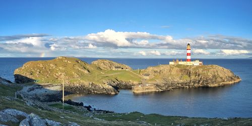 Lighthouse by sea against sky