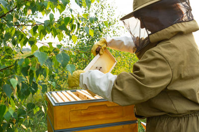 Rear view of man using mobile phone