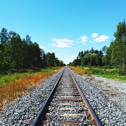 Railroad track amidst trees against blue sky