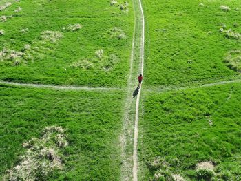 High angle view of man skateboarding on green landscape