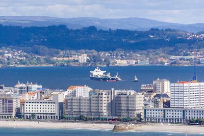 Buildings in city, high angle view